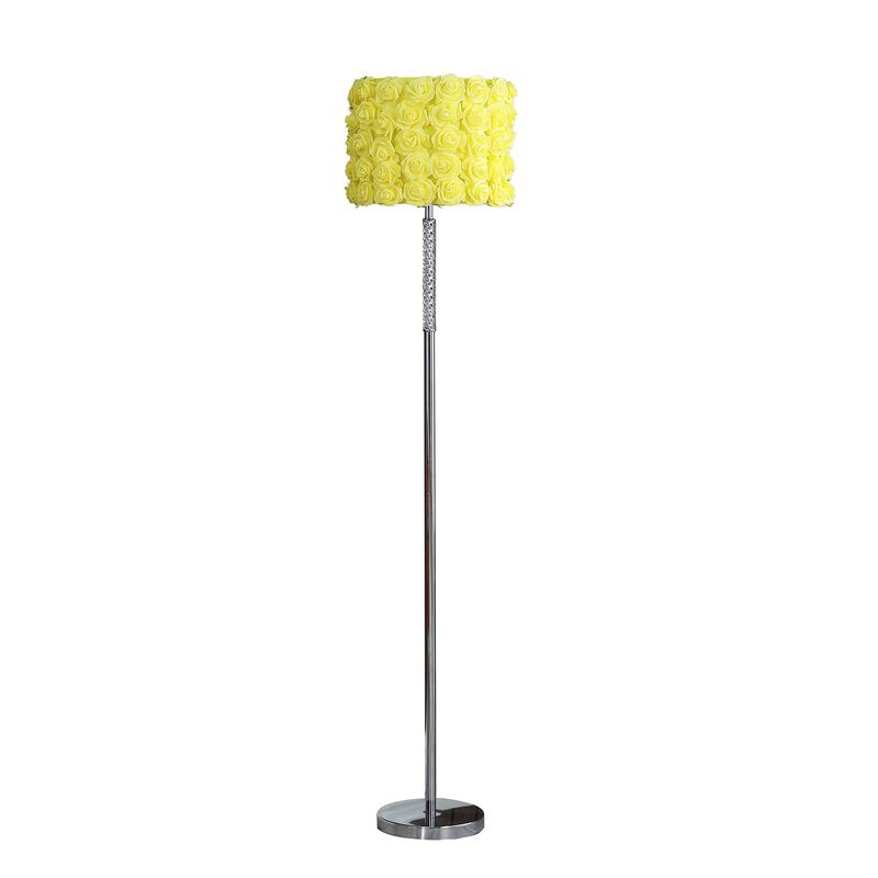 Finn 63 Inch Glamorous Floor Lamp, Rose Accent Shade, 100W, Yellow, Silver-Benzara