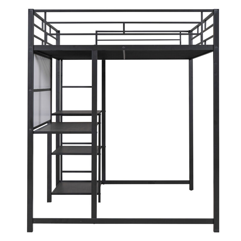 Full Size Loft Bed With Desk And Board, Metal Loft Bed With 3 Shelves And Ladder