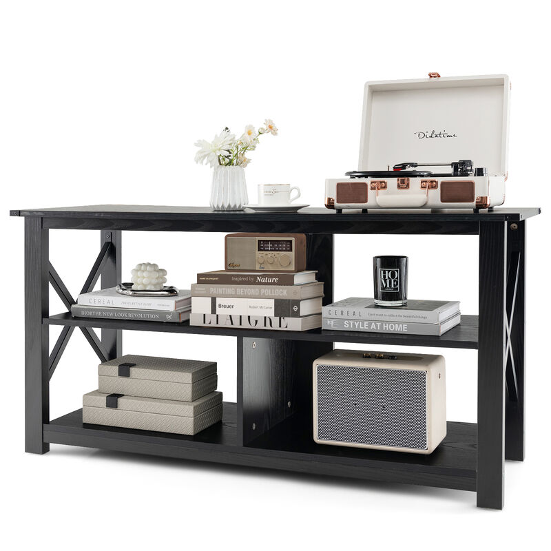 3 Tier Wood TV Stand for 55-Inch with Open Shelves and X-Shaped Frame