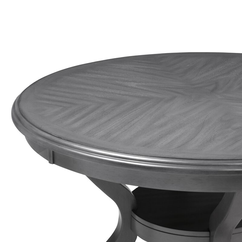 Ceri 5 Piece Round Dining Table and Chair Set, Gray Wood, White Fabric - Benzara