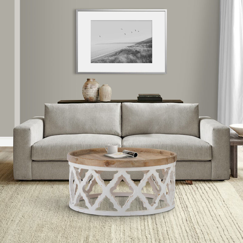 Ode 32 Inch Coffee Table, Round, Quatrefoil Lattice Design, Brown, White - Benzara