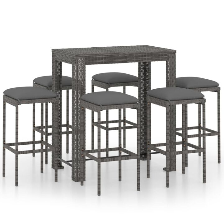 vidaXL 7 Piece Garden Bar Set with Cushions Poly Rattan Gray