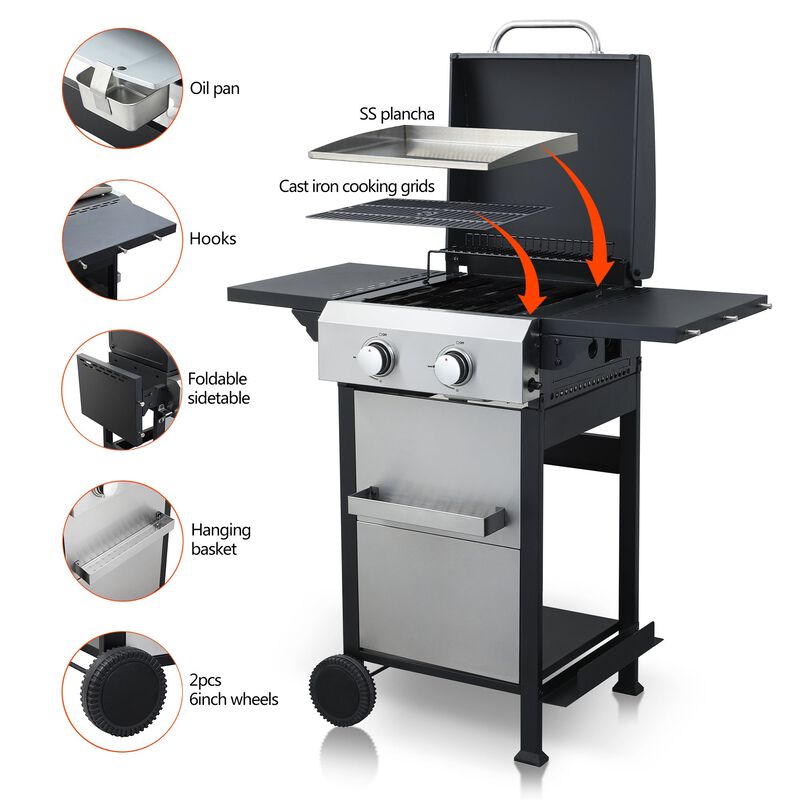 MONDAWE 2-Burner Propane Gas BBQ Grill, SS Plancha, 24600BTU Output With Wire Enamel Cooking Grids For Outdoor Barbecue, Foldable Side Table, Hanging Basket, Stainless Steel