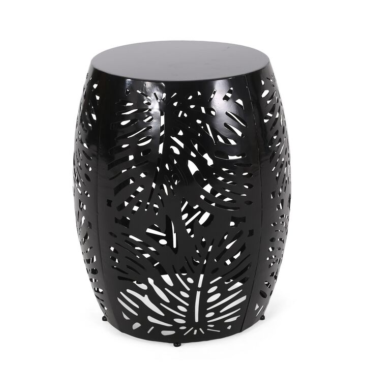 Miami Outdoor End Table Stool, Palm Leaf Pattern, Black Iron, 17 Inch - Benzara