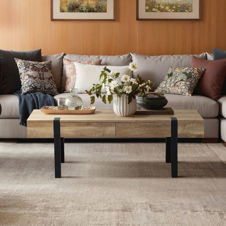 LuxenHome Oak Finish MDF Wood Black Metal 2-Drawer Coffee Table