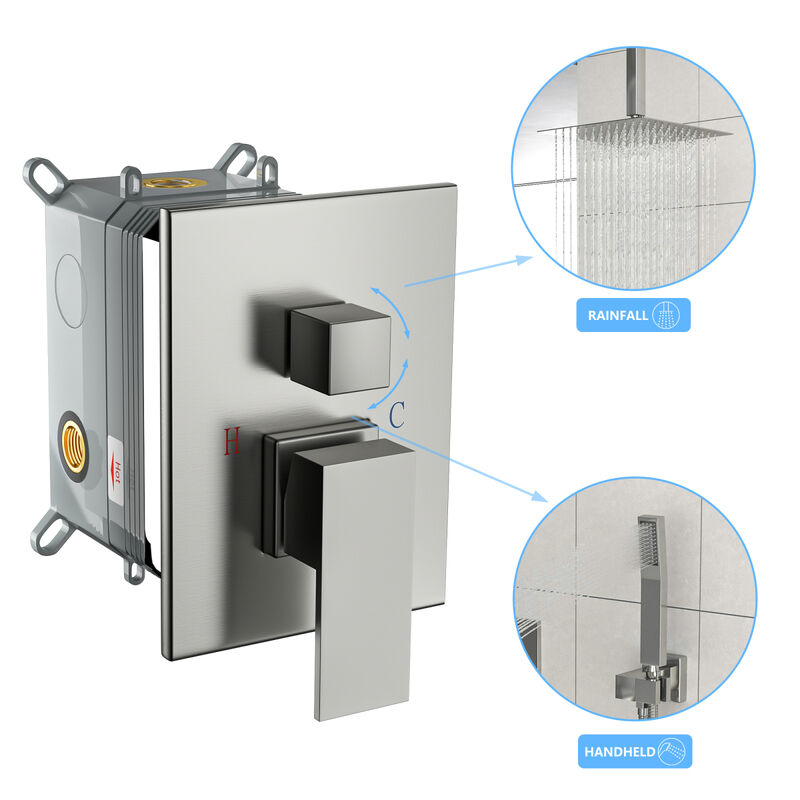 12" Rain Shower Head Systems With Waterfall Tub Spout, Brushed Nickel, Ceiling Mounted Shower