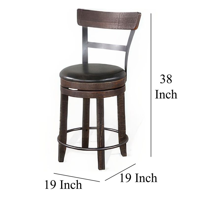 Flint Swivel Counter Stool Chair Set of 2, Black Faux Leather, Brown - Benzara