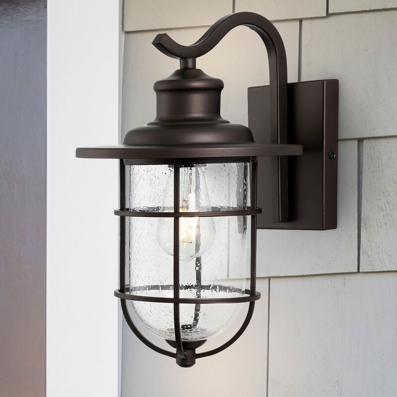 Westfield 1-Light Iron/Seeded Glass Rustic Industrial Cage LED Outdoor Sconce