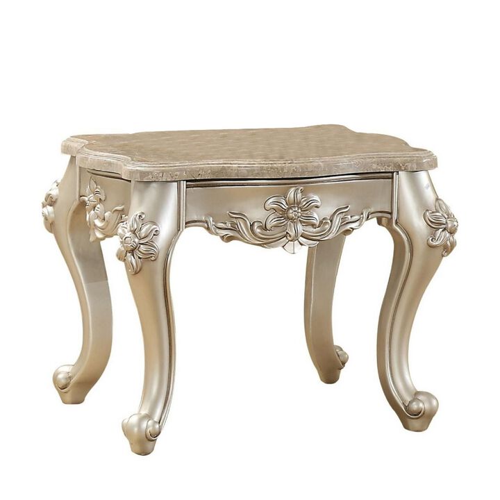 Marble Top End Table With Flower Motif Engraved Angular Wood Feet, Silver-Benzara