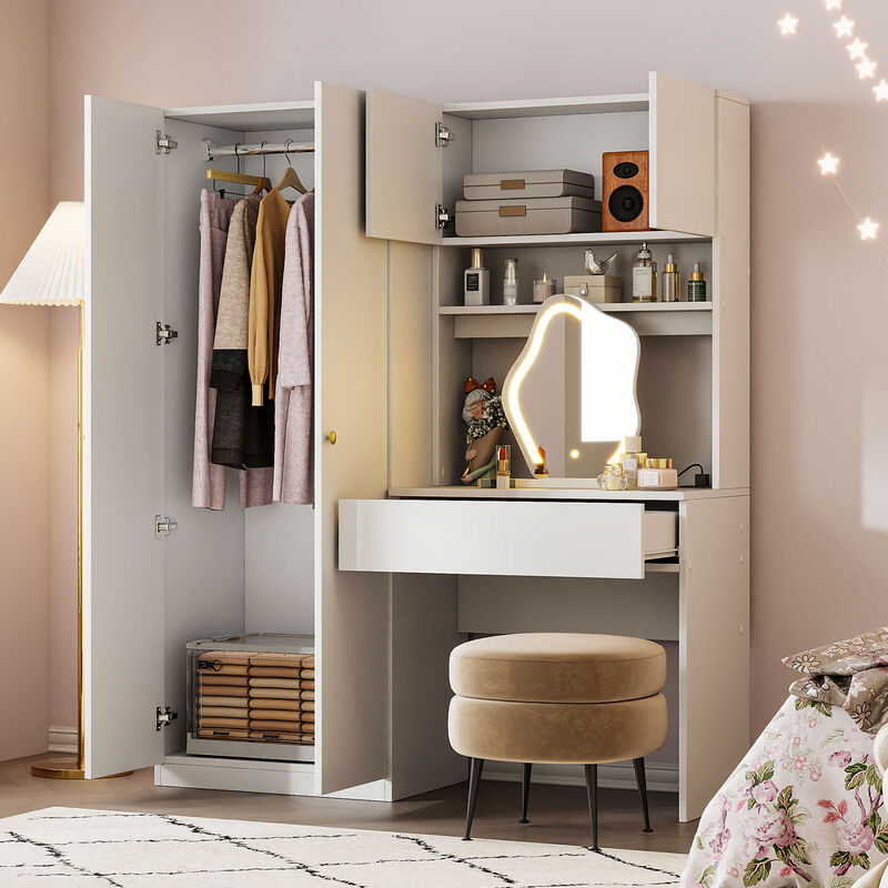 Merax Wooden Storage Vanity Wardrobe with Makeup Mirror and Drawers for Bedroom