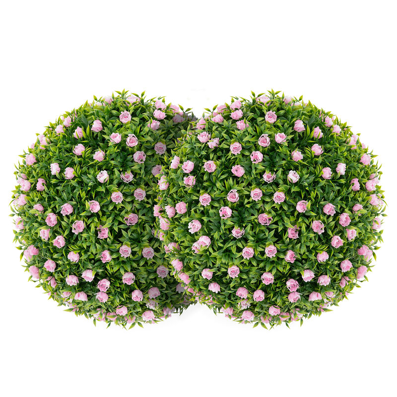 2-Piece 17.5" Artificial Topiary Balls with Faux Pink Flowers for Outdoor and Home Decor