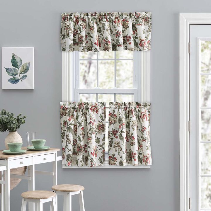 Ellis Curtain Madison Floral Design Printed Natural Ground 1.5" Rod Pocket Tailored Tier