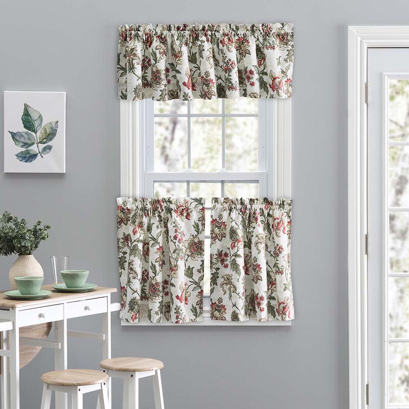 Ellis Curtain Madison Floral Design Printed Natural Ground 1.5" Rod Pocket Tailored Tier