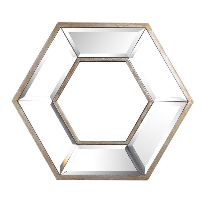Toby 12 x 14 Inch Wall Mount Accent Mirror, Dual Hexagon Wood Frame, Brown-Benzara