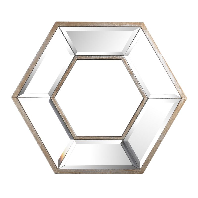 Toby 12 x 14 Inch Wall Mount Accent Mirror, Dual Hexagon Wood Frame, Brown-Benzara