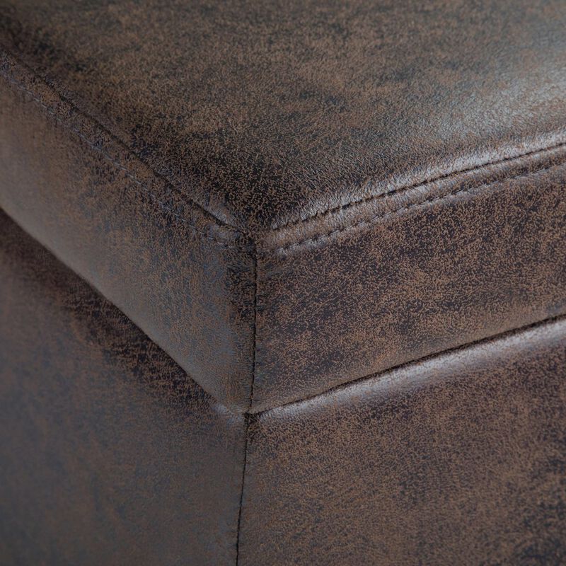 Simpli Home Avalon Storage Ottoman Bench In Distressed Brown Vegan Faux Leather