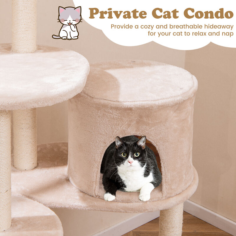 59" Cattail Cat Tower with Sisal Scratching Posts, Soft Hammock & Cozy Perches