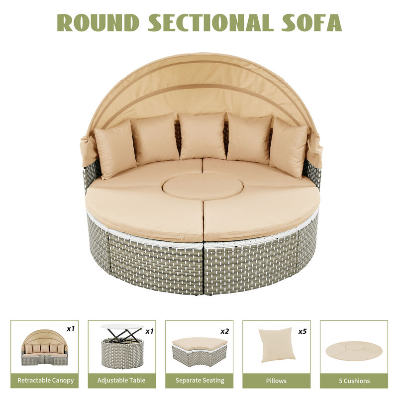 Merax Patio Furniture Round Outdoor Sectional Sofa Set Rattan Daybed