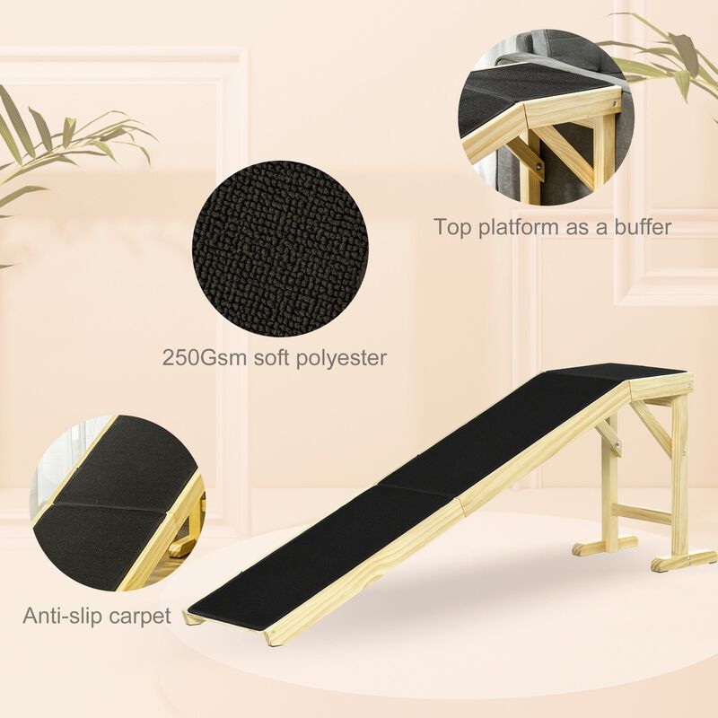 Natural/Black Pet Access: 74"L Wooden Ramp with Non-slip Carpet Top