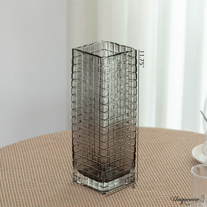 12-Inch Square Frosted Gray Glass Vase