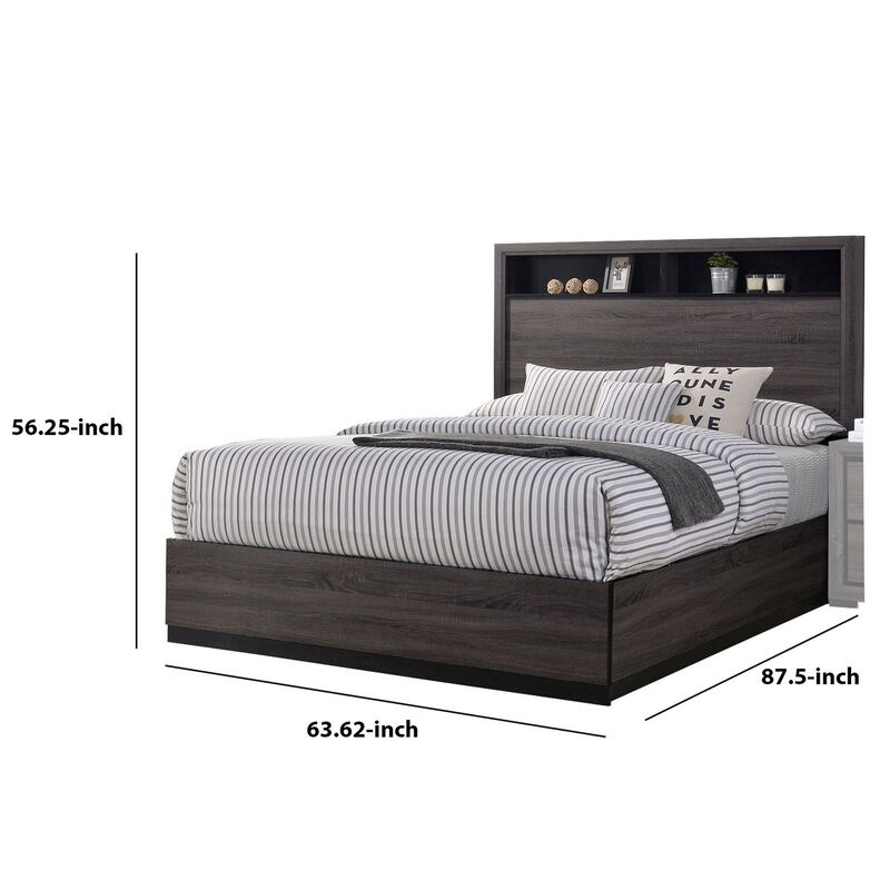 Transitional Wooden Queen Size Platform Bed with Bookcase Headboard, Gray-Benzara