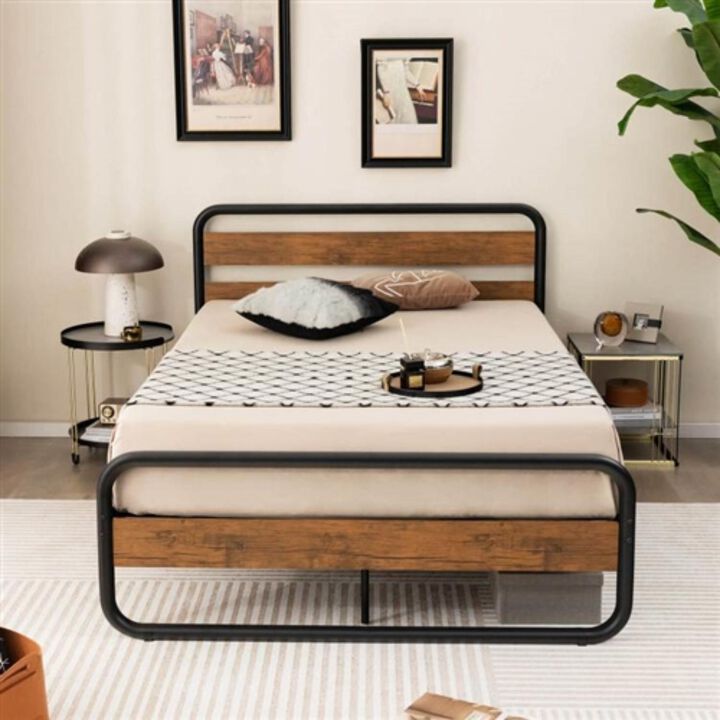 Hivvago Queen Industrial Wood and Metal Tube Platform Bed with Headboard and Footboard