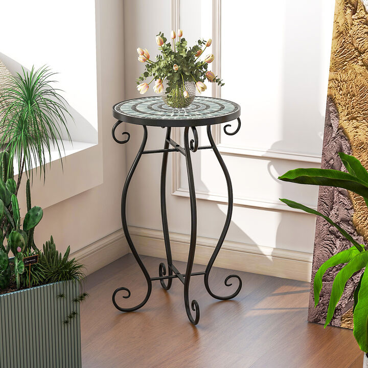 Small Plant Stand with Weather Resistant Ceramic Tile Tabletop-Black & Smoke Blue