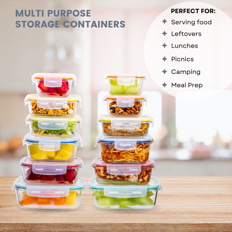 Lexi Home Durable 12 Piece Glass Meal Prep Food Containers with Snap Lock Lids