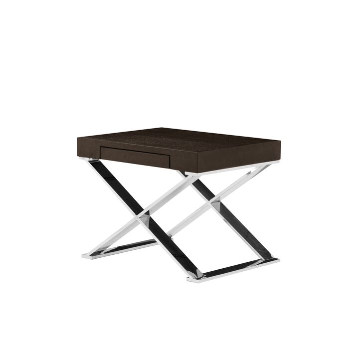 Rix 21 Inch Side End Table, 1 Drawer, X Steel Legs, Espresso Brown Wood - Benzara