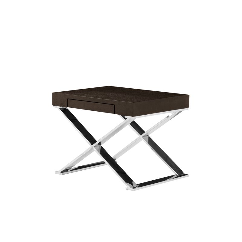 Rix 21 Inch Side End Table, 1 Drawer, X Steel Legs, Espresso Brown Wood - Benzara