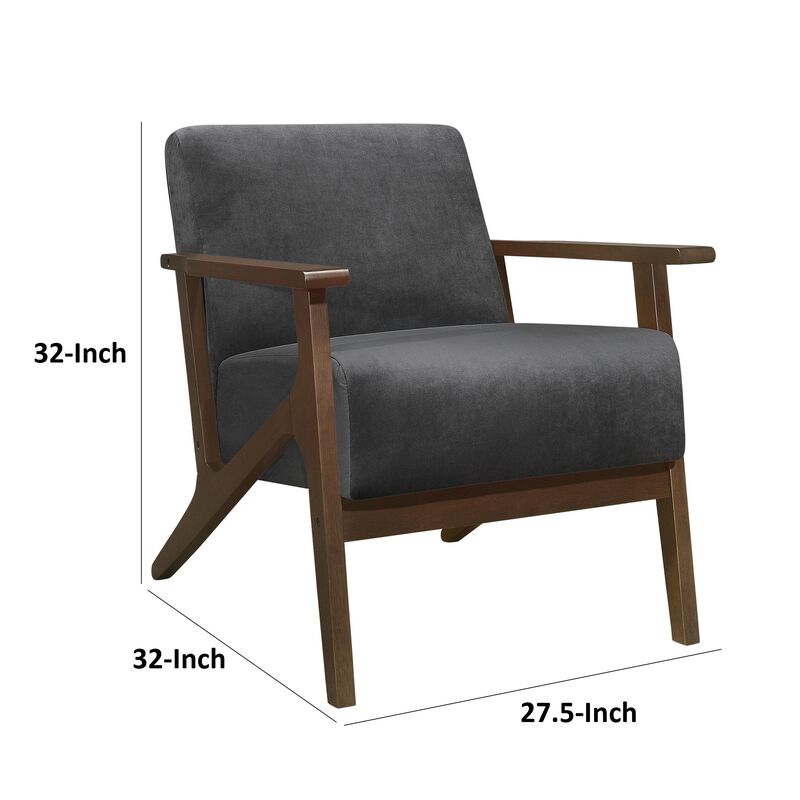 Rica 32 Inch Accent Armchair, Dark Gray Velvet, Walnut Brown Solid Wood - Benzara