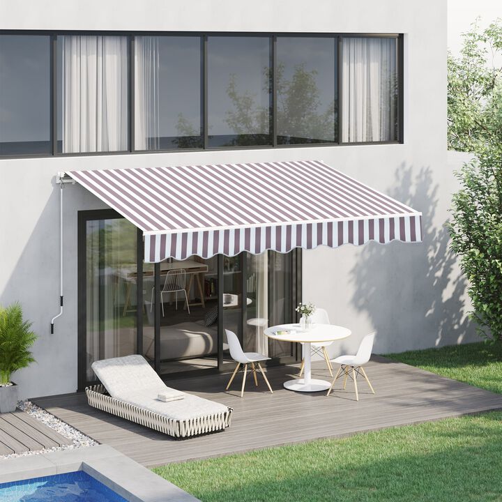 Brown Striped Sun Shield: 10'x8' Manual Retractable Patio Awning