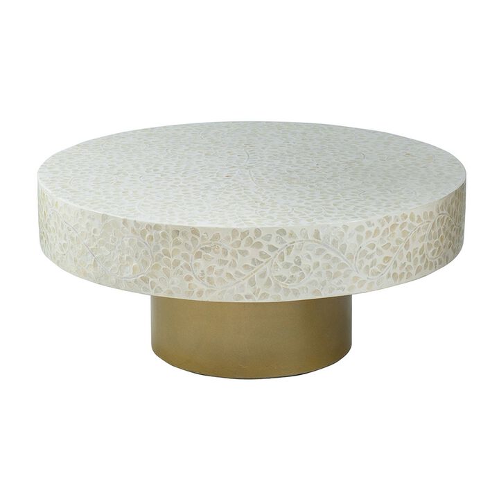 Piki 35 Inch Coffee Table, Mughal Capiz Inlaid Pattern, Cream, Gold  - Benzara