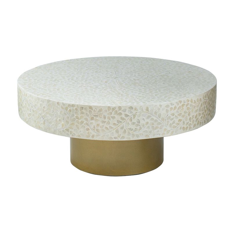 Piki 35 Inch Coffee Table, Mughal Capiz Inlaid Pattern, Cream, Gold  - Benzara