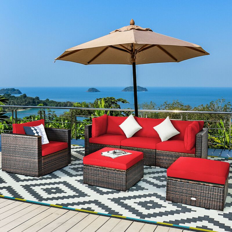 6 Pcs Patio Rattan Furniture Set with Sectional Cushion