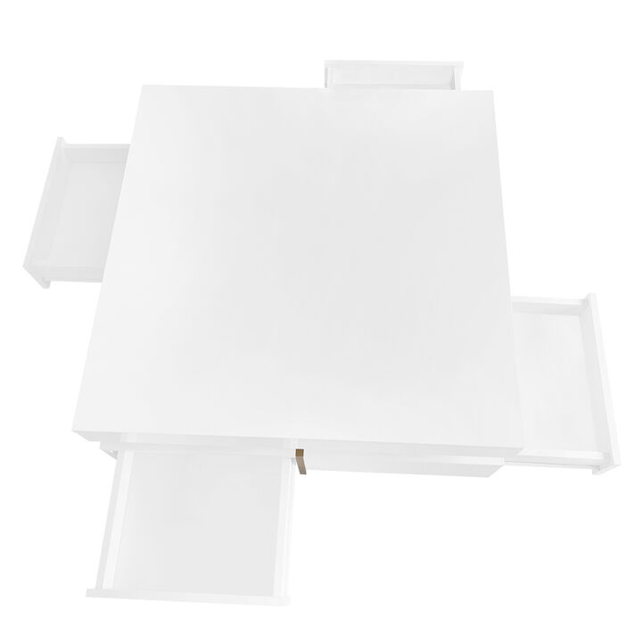 High Gloss 4-Drawer Coffee Table, Multi Storage, Wood Grain Legs, 31.5"X31.5", White