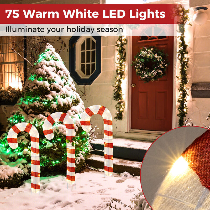 Set of 3 Pre-Lit Candy Canes with 75 LED Lights & Ground Stakes