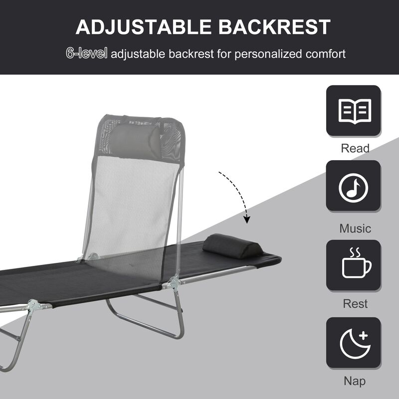 Versatile Black Lounger: 6-Position Folding Chaise with Cushion for Outdoors