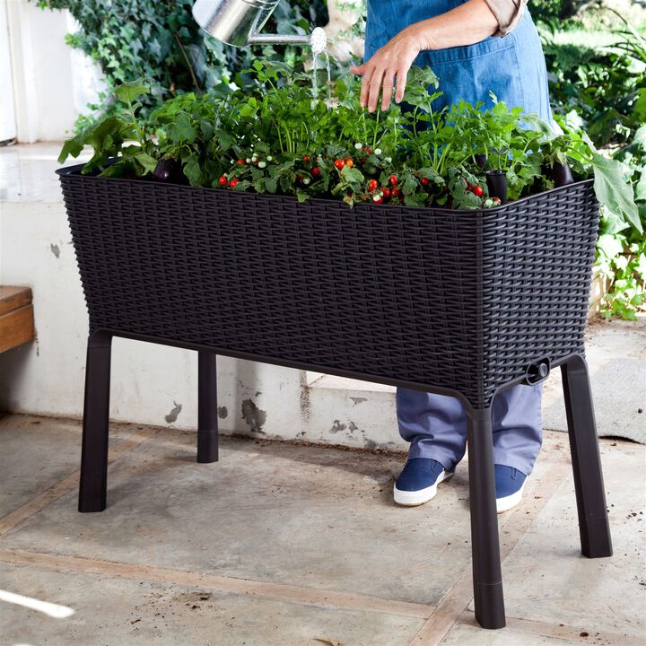 QuikFurn Modern Dark Brown Resin Wicker Raised Garden Bed Planter with Water Indicator