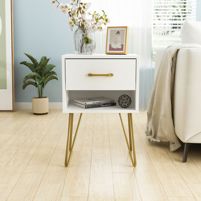 1-Drawer White Nightstands with Metal Legs and Open Shelf Side Table Bed Side Table 23.6 in. H x 15.7 in. W x 11.8 in. D