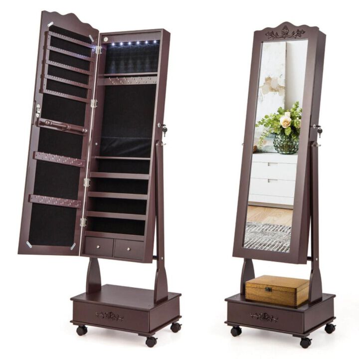 Hivvago Rolling Floor Standing Mirrored Jewelry Armoire with Lock and Drawers