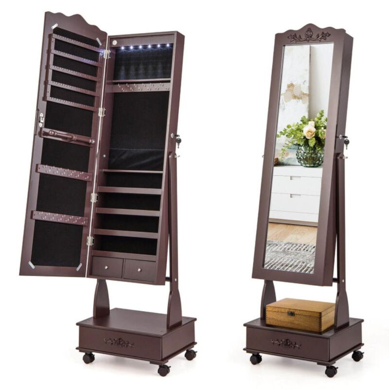 Hivvago Rolling Floor Standing Mirrored Jewelry Armoire with Lock and Drawers