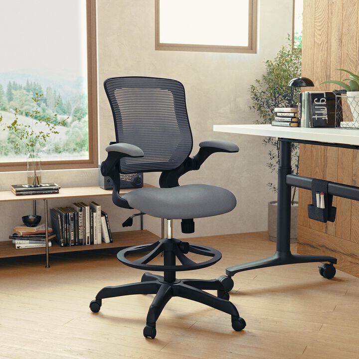 Flash Furniture Kale Mid-Back Dark Gray Mesh Ergonomic Drafting Chair | Adjustable Foot Ring, Flip-Up Arms