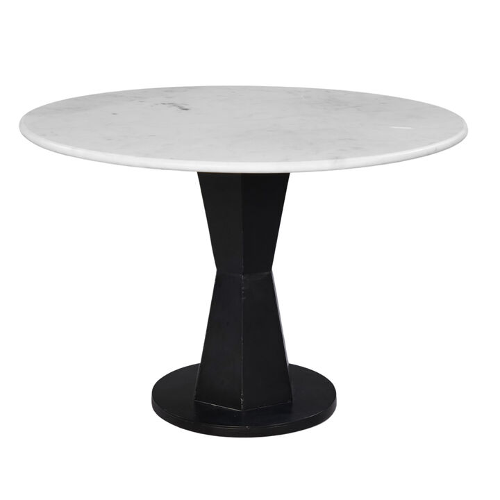 Riko Coffee Table, 27 Inch Round White Marble Top, Modern Black Iron Hourglass Pedestal Base