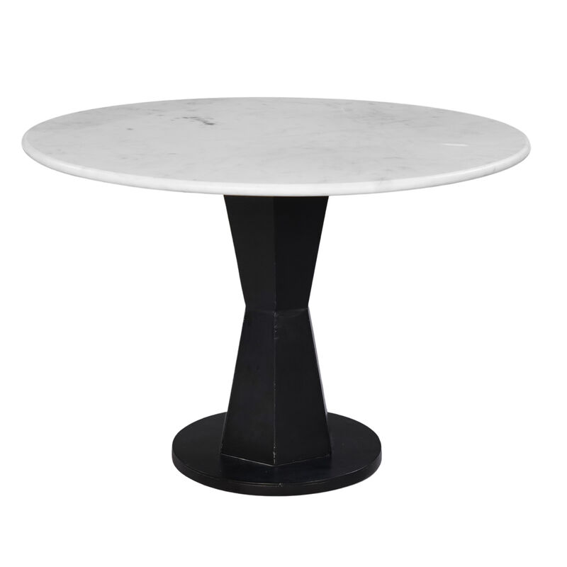 Riko Coffee Table, 27 Inch Round White Marble Top, Modern Black Iron Hourglass Pedestal Base