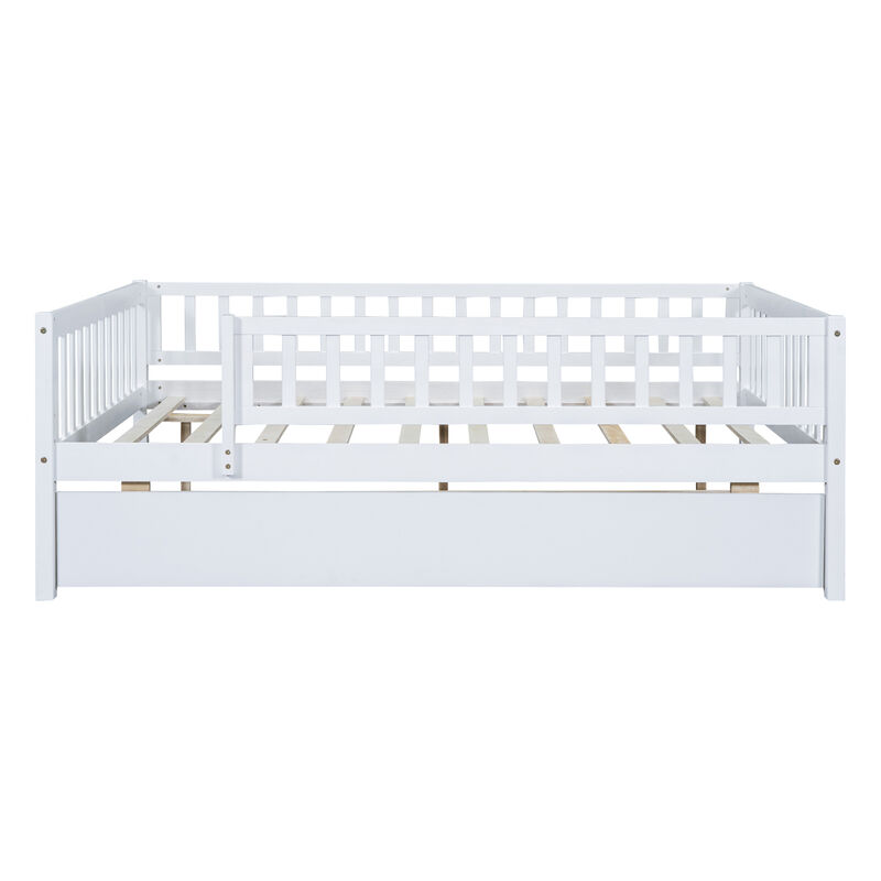 Full Size Wood Daybed With Trundle And Fence Guardrails