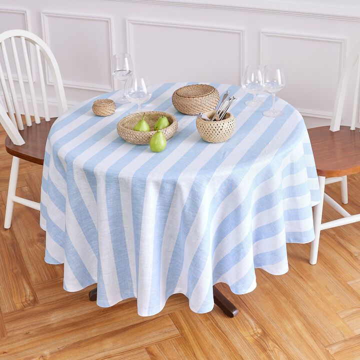 Solino Home 100% Pure Linen Round Tablecloth 70 Inch Diameter | Cabana Stripe