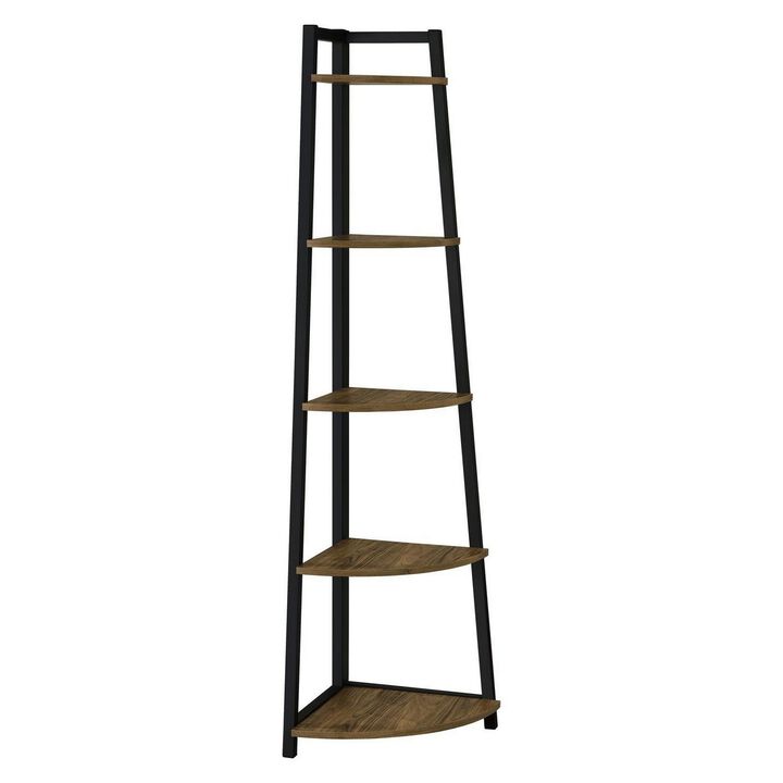 5 Tier Wooden Corner Bookcase with Metal Frame, Brown and Black-Benzara 5 Tier Wooden Corner Bookcase with Metal Frame, Brown and Black-Benzara