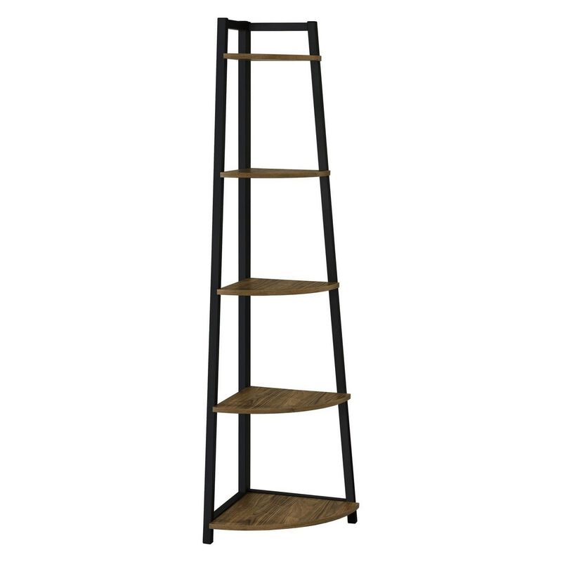 5 Tier Wooden Corner Bookcase with Metal Frame, Brown and Black-Benzara