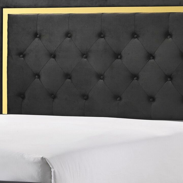 Robin Queen Size Bed, Platform Base, Gold, Button Tufted Black Upholstery - Benzara
